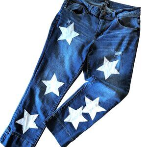 Upcycled Patchwork Jeans, Size 10: Reworked Cropped Ankle Pants White Stars